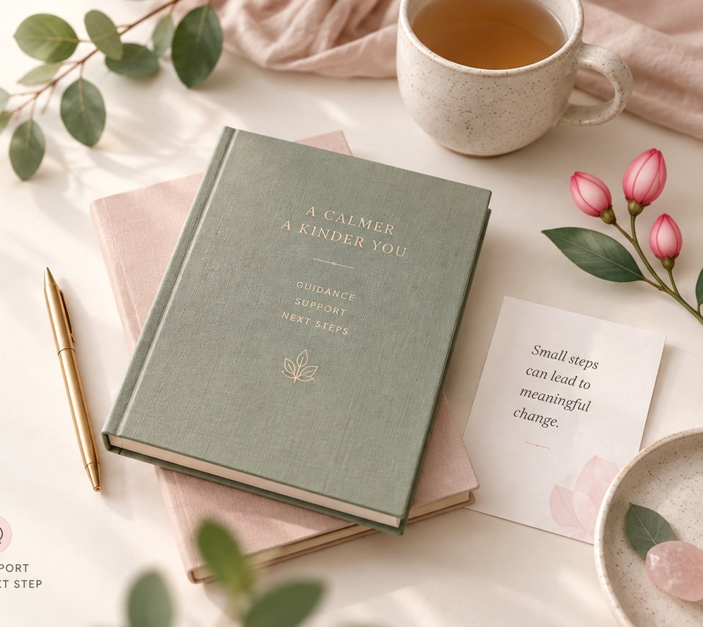 A calm desk with journals, a cup of tea and soft botanical details.